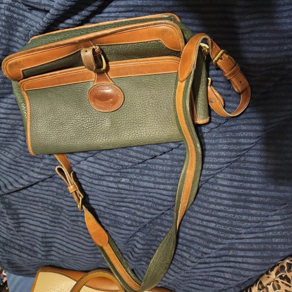 Vintage Dooney & Bourke Green & Brown Leather Crossbody Bag All Weather Leather